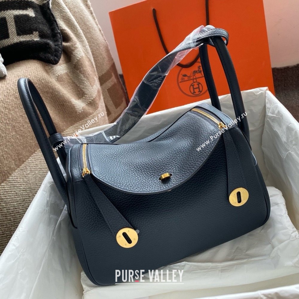 Hermes Lindy 26cm Bag in original taurillon clemence leather Blue Nuit (handmade) (ayan-240131-01)