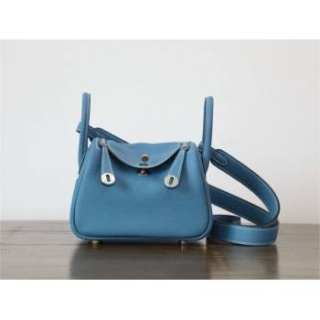 Hermes Mini Lindy 19cm Bag in original taurillon clemence leather Blue Jean with silver hardware(handmade) (ayan-240131-03)