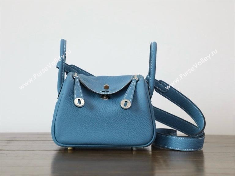 Hermes Mini Lindy 19cm Bag in original taurillon clemence leather Blue Jean with silver hardware(handmade) (ayan-240131-03)