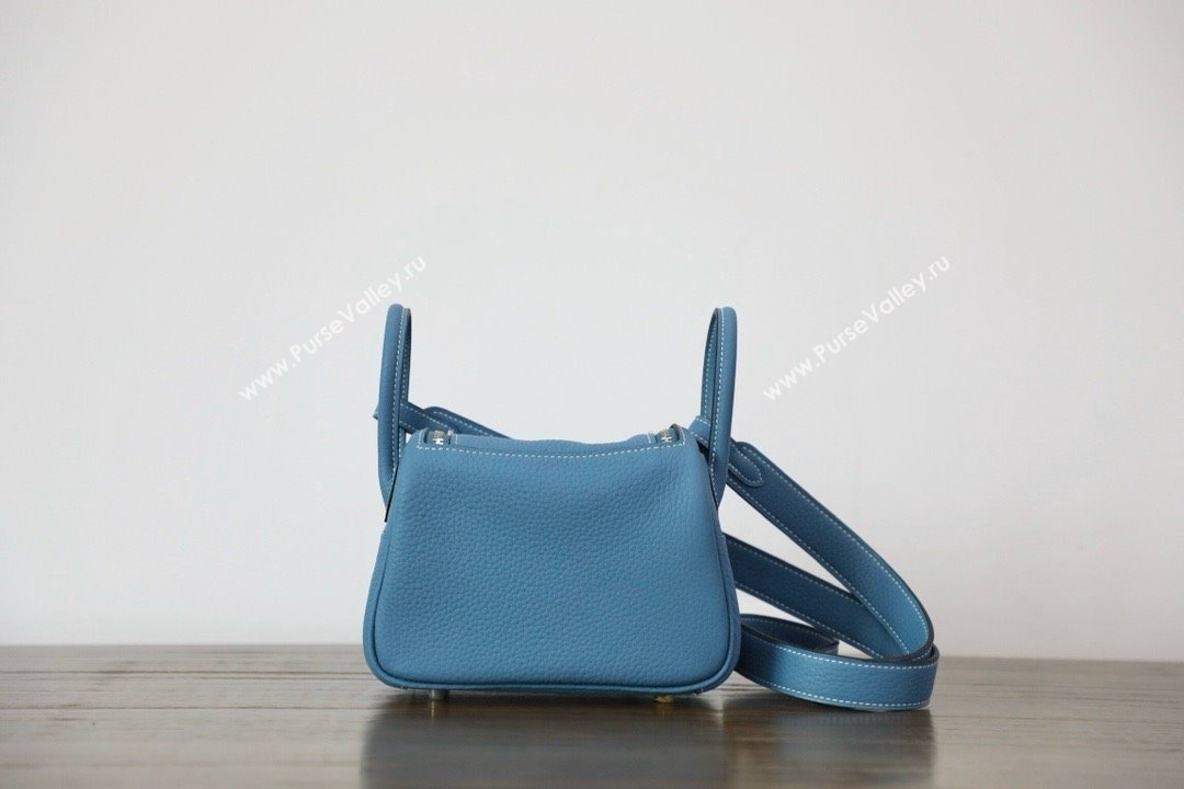 Hermes Mini Lindy 19cm Bag in original taurillon clemence leather Blue Jean with silver hardware(handmade) (ayan-240131-03)