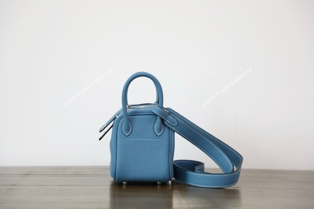 Hermes Mini Lindy 19cm Bag in original taurillon clemence leather Blue Jean with silver hardware(handmade) (ayan-240131-03)