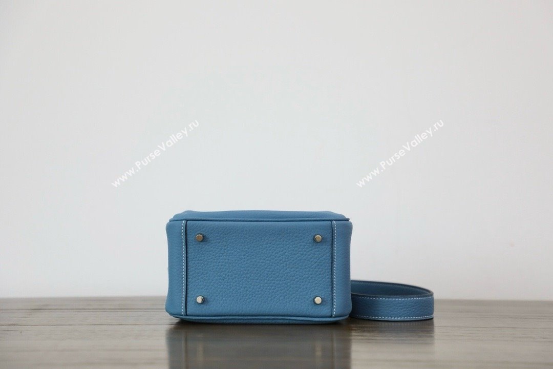 Hermes Mini Lindy 19cm Bag in original taurillon clemence leather Blue Jean with silver hardware(handmade) (ayan-240131-03)