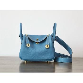Hermes Mini Lindy 19cm Bag in original taurillon clemence leather Blue Jean with gold hardware(handmade) (ayan-240131-02)