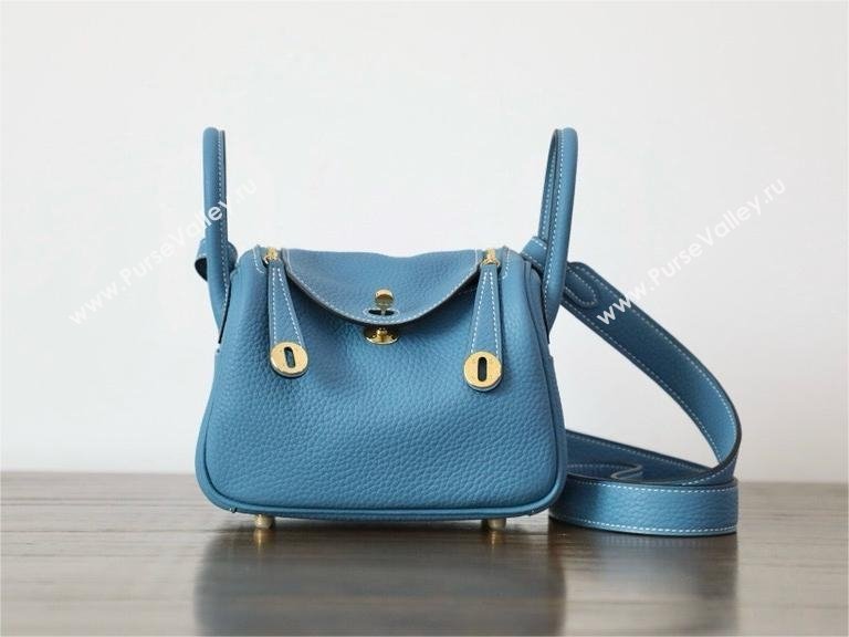 Hermes Mini Lindy 19cm Bag in original taurillon clemence leather Blue Jean with gold hardware(handmade) (ayan-240131-02)