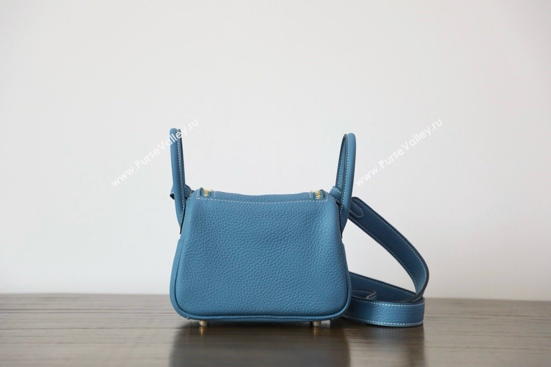 Hermes Mini Lindy 19cm Bag in original taurillon clemence leather Blue Jean with gold hardware(handmade) (ayan-240131-02)