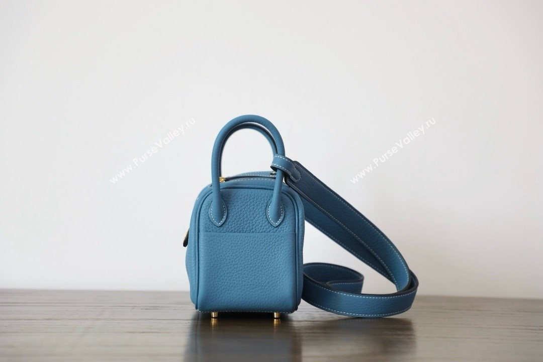 Hermes Mini Lindy 19cm Bag in original taurillon clemence leather Blue Jean with gold hardware(handmade) (ayan-240131-02)