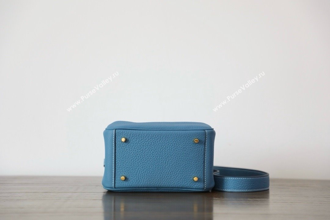 Hermes Mini Lindy 19cm Bag in original taurillon clemence leather Blue Jean with gold hardware(handmade) (ayan-240131-02)