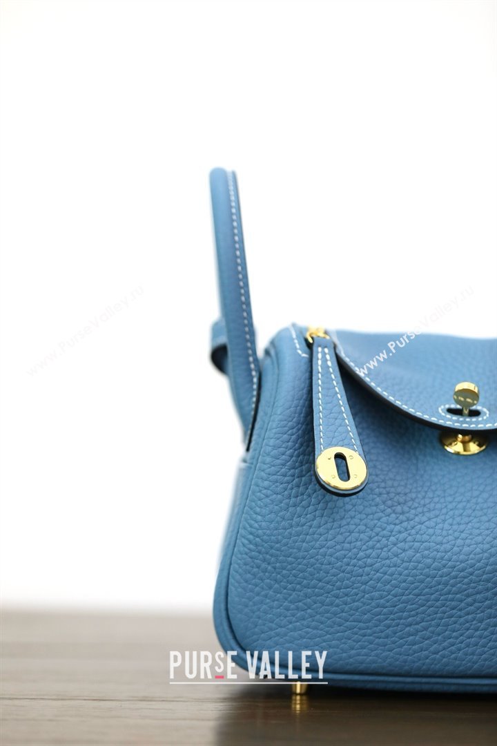 Hermes Mini Lindy 19cm Bag in original taurillon clemence leather Blue Jean with gold hardware(handmade) (ayan-240131-02)