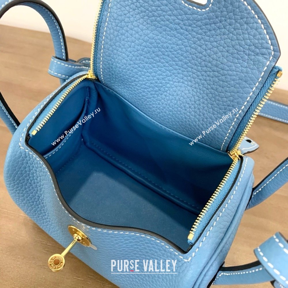 Hermes Mini Lindy 19cm Bag in original taurillon clemence leather Blue Jean with gold hardware(handmade) (ayan-240131-02)