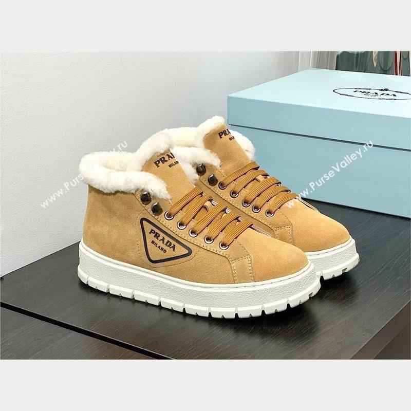 Prada Nylon Shearling Mid-Top Sneakers brown 2023 (modeng-231102-01)