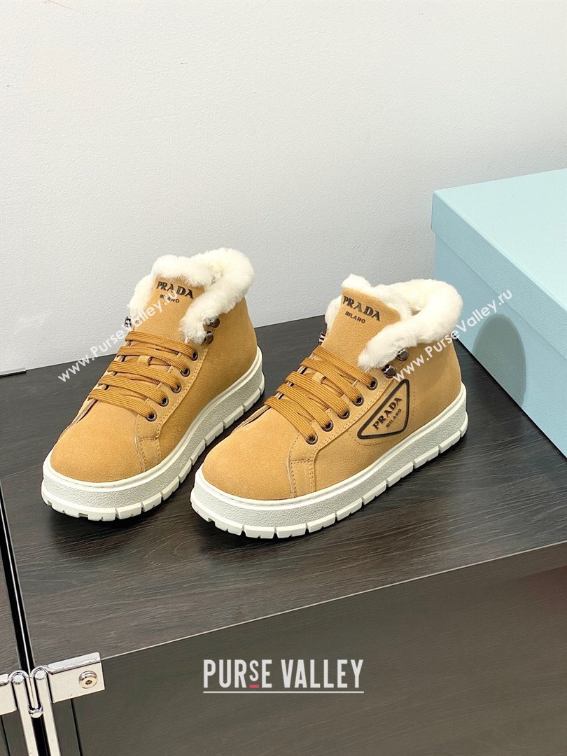 Prada Nylon Shearling Mid-Top Sneakers brown 2023 (modeng-231102-01)