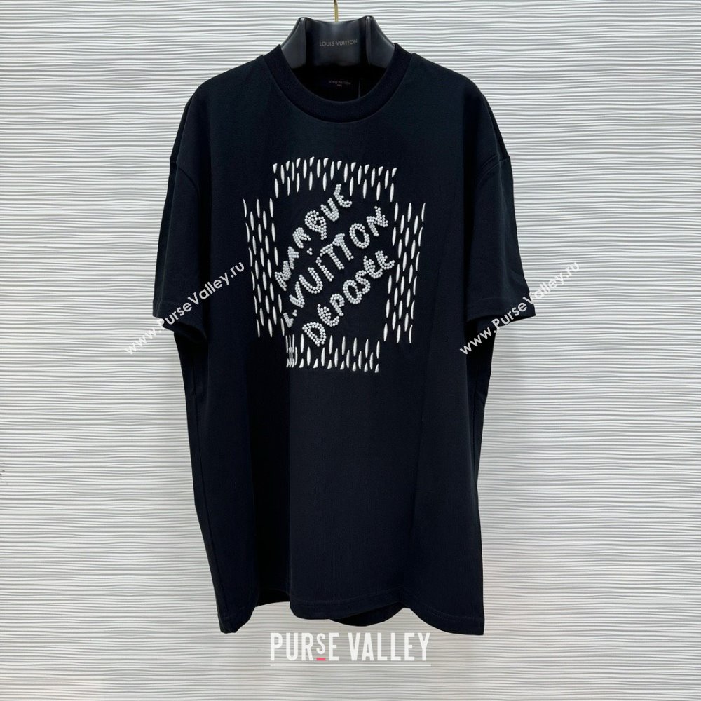LOUIS VUITTON Embroidered Signature Cotton T-Shirt BLACK 2024 (qiqi-240409-14)