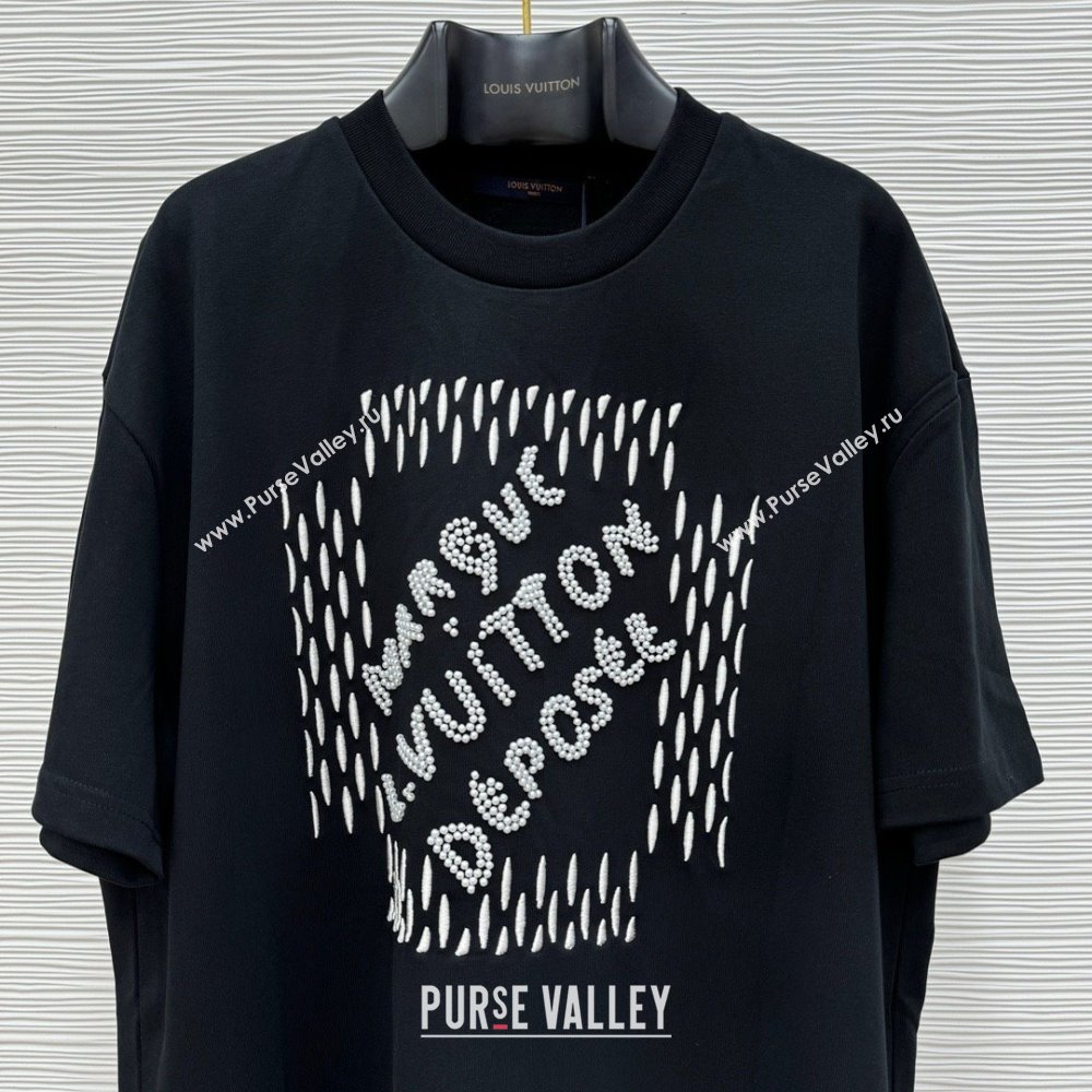 LOUIS VUITTON Embroidered Signature Cotton T-Shirt BLACK 2024 (qiqi-240409-14)