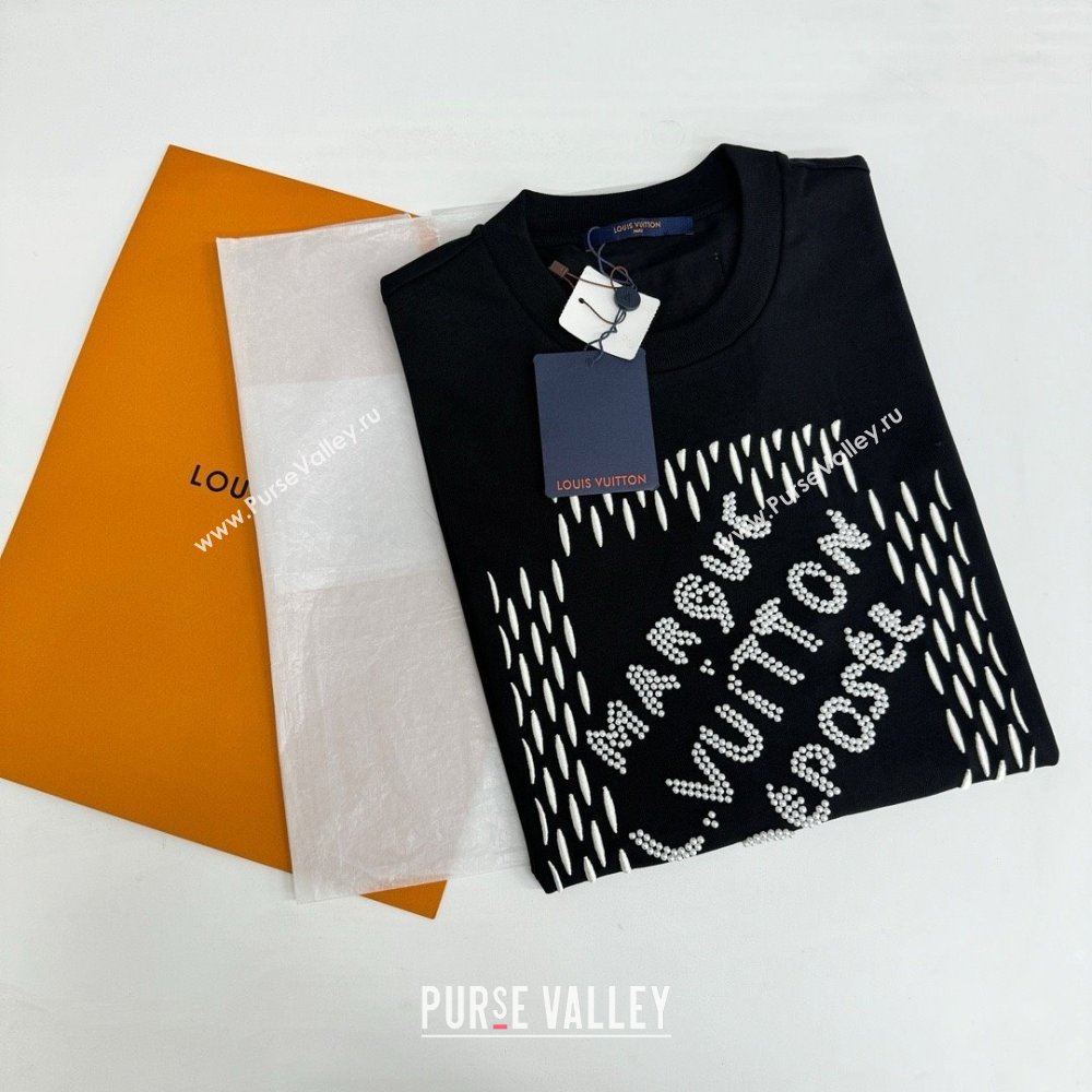 LOUIS VUITTON Embroidered Signature Cotton T-Shirt BLACK 2024 (qiqi-240409-14)
