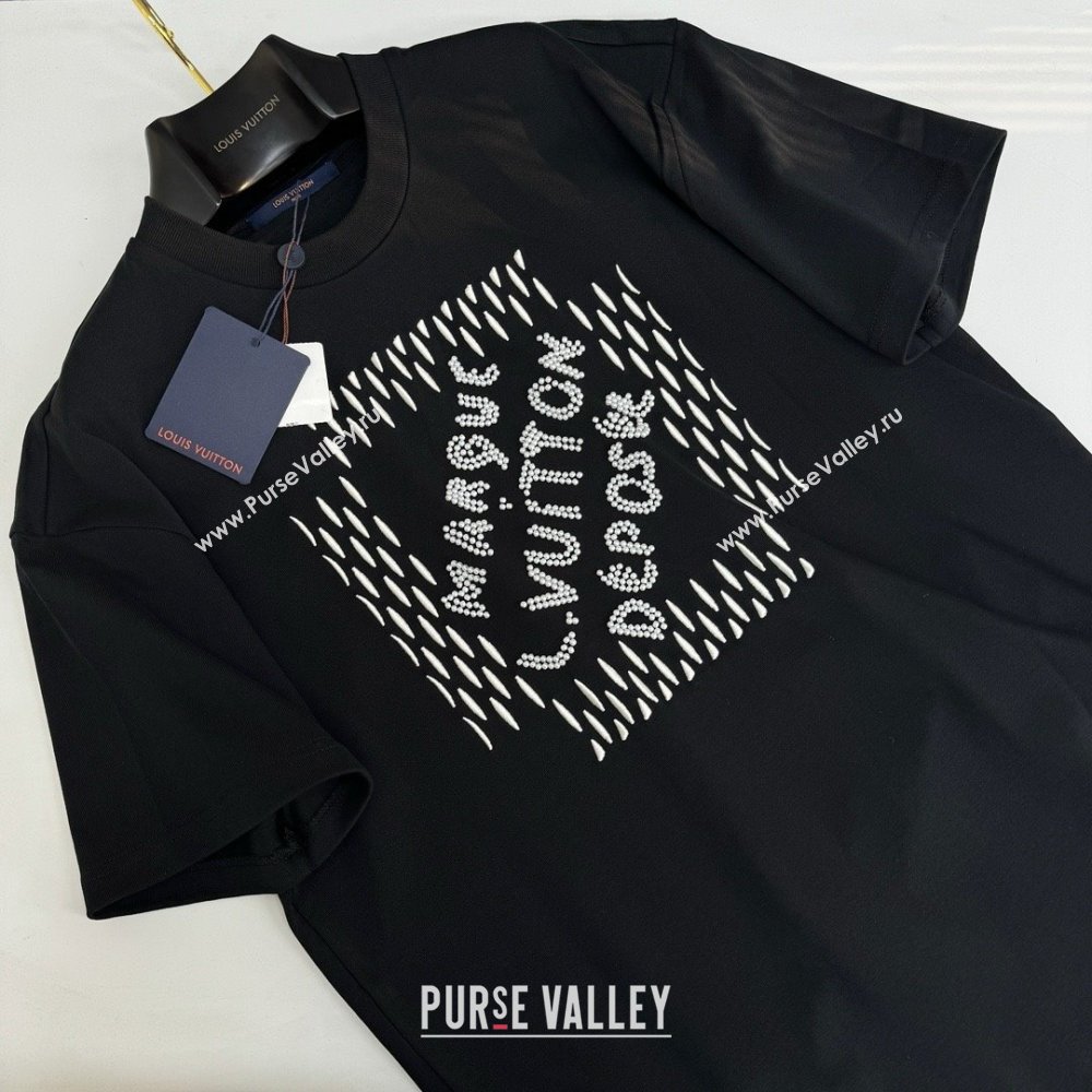 LOUIS VUITTON Embroidered Signature Cotton T-Shirt BLACK 2024 (qiqi-240409-14)