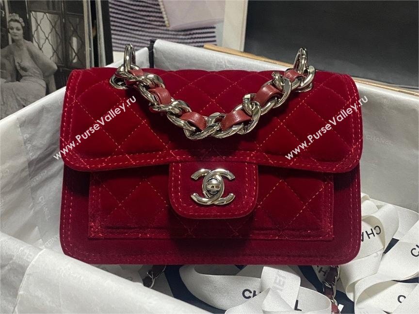 Chanel Velvet Silver-Tone Metal Mini Flap Bag RED AS4051 2023 (JIYUAN-231215-03)