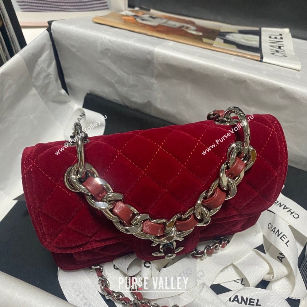 Chanel Velvet Silver-Tone Metal Mini Flap Bag RED AS4051 2023 (JIYUAN-231215-03)