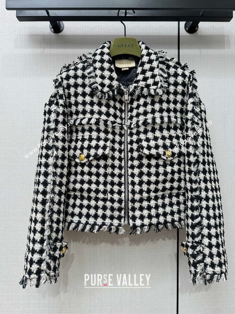 GUCCI Gingham cotton tweed bomber jacket 745064 2023 FW (QIQI-231110-05)