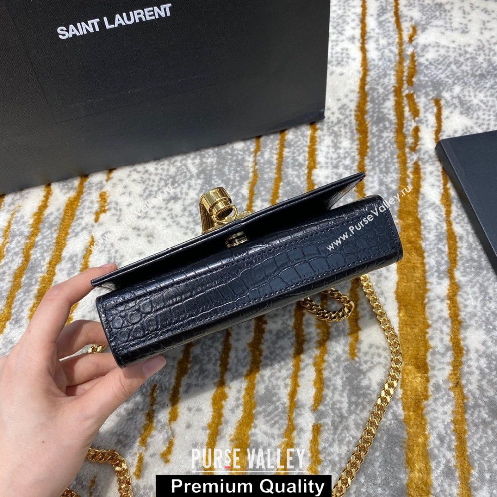 saint laurent mini Kate chain wallet with tassel in crocodile embossed leather 354120 black/gold (jundu-6147)