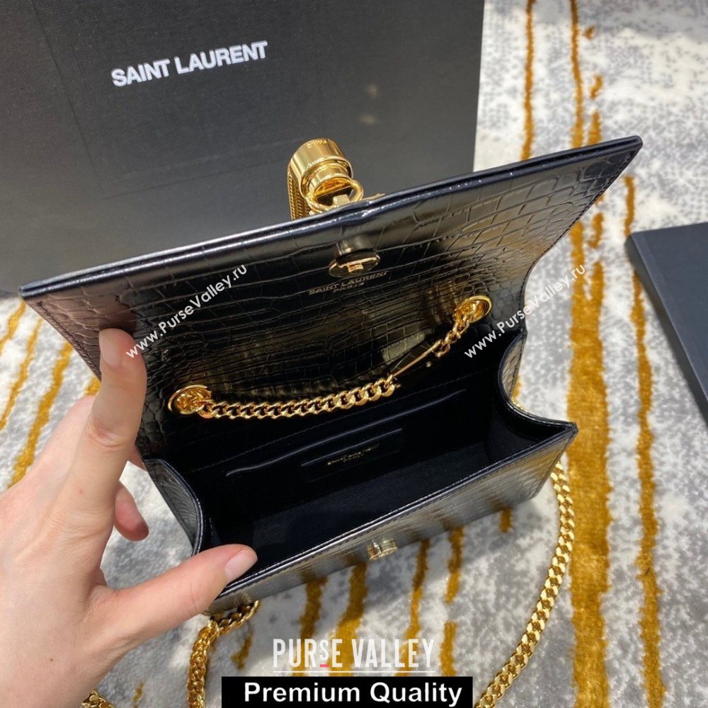 saint laurent mini Kate chain wallet with tassel in crocodile embossed leather 354120 black/gold (jundu-6147)