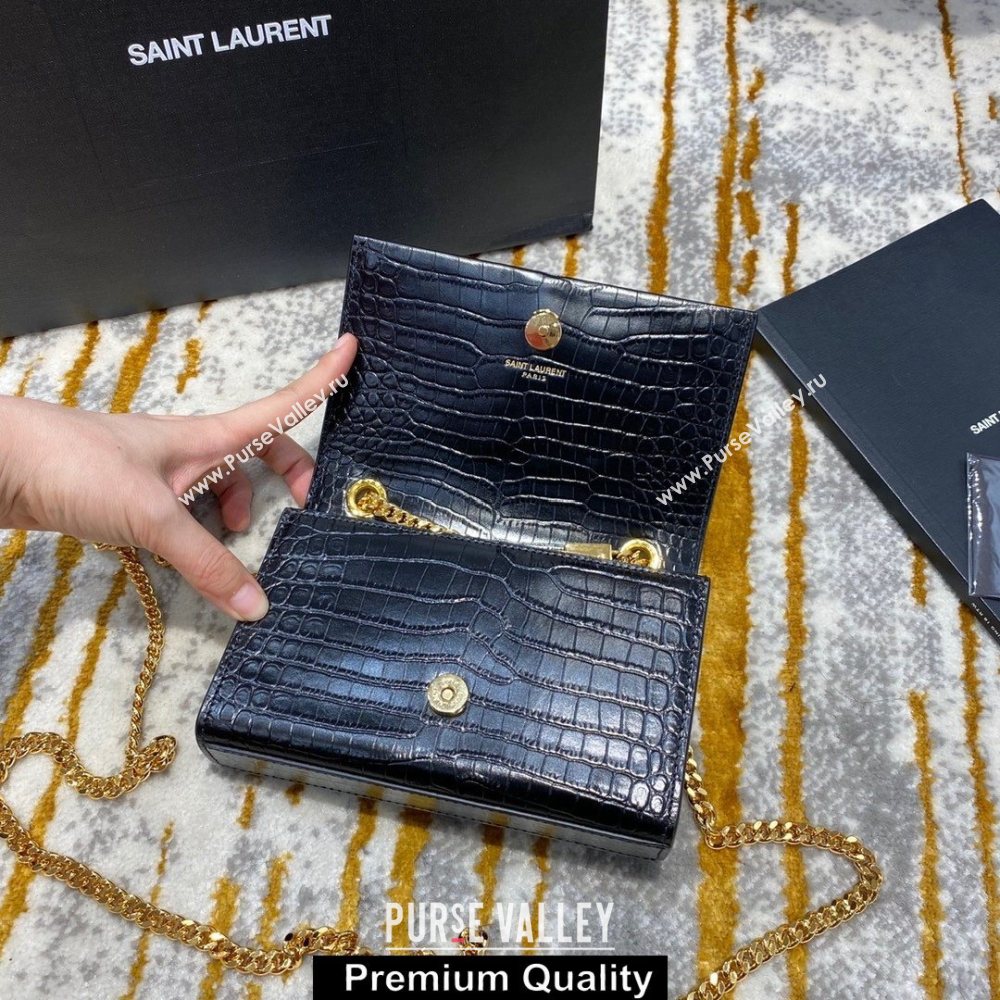 saint laurent mini Kate chain wallet with tassel in crocodile embossed leather 354120 black/gold (jundu-6147)