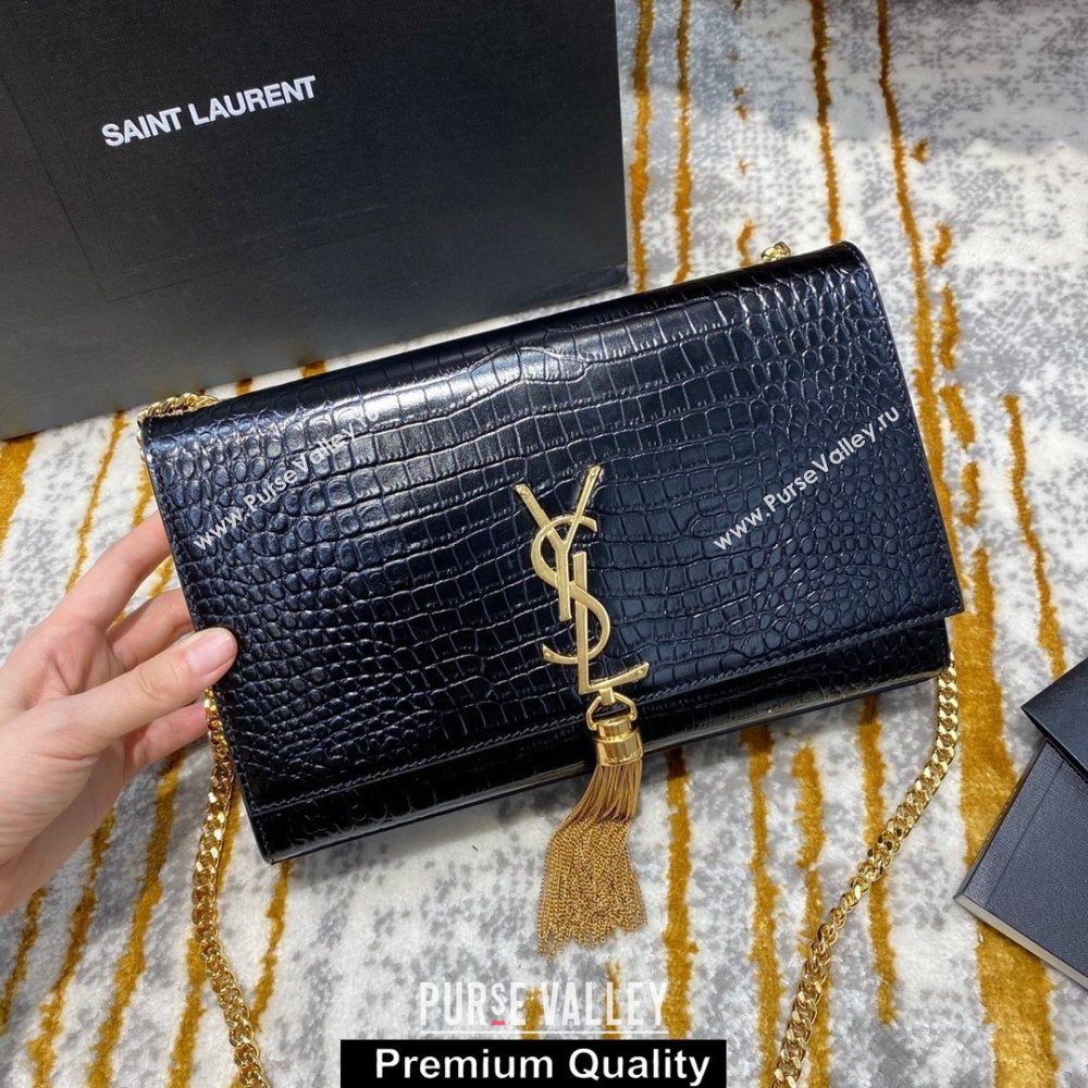 saint laurent Kate chain wallet with tassel in crocodile embossed leather 354119 black/gold (jundu-1450)