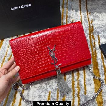 saint laurent Kate chain wallet with tassel in crocodile embossed leather 354119 red/silver (jundu-6729)