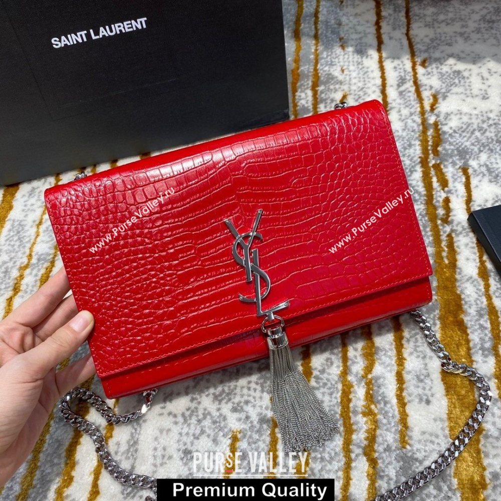 saint laurent Kate chain wallet with tassel in crocodile embossed leather 354119 red/silver (jundu-6729)