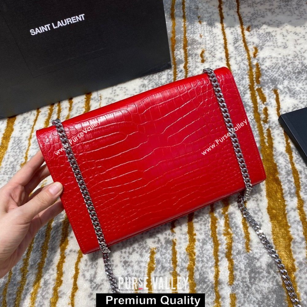 saint laurent Kate chain wallet with tassel in crocodile embossed leather 354119 red/silver (jundu-6729)