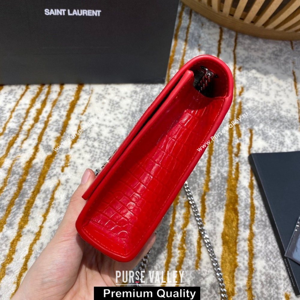 saint laurent Kate chain wallet with tassel in crocodile embossed leather 354119 red/silver (jundu-6729)