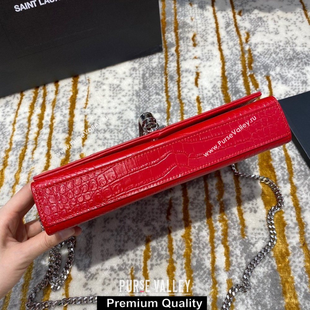 saint laurent Kate chain wallet with tassel in crocodile embossed leather 354119 red/silver (jundu-6729)