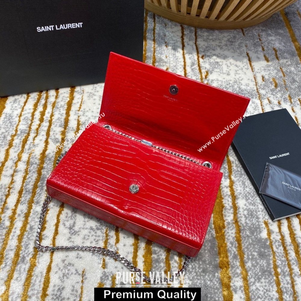 saint laurent Kate chain wallet with tassel in crocodile embossed leather 354119 red/silver (jundu-6729)