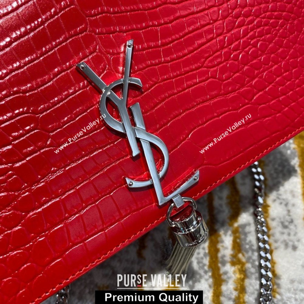 saint laurent Kate chain wallet with tassel in crocodile embossed leather 354119 red/silver (jundu-6729)