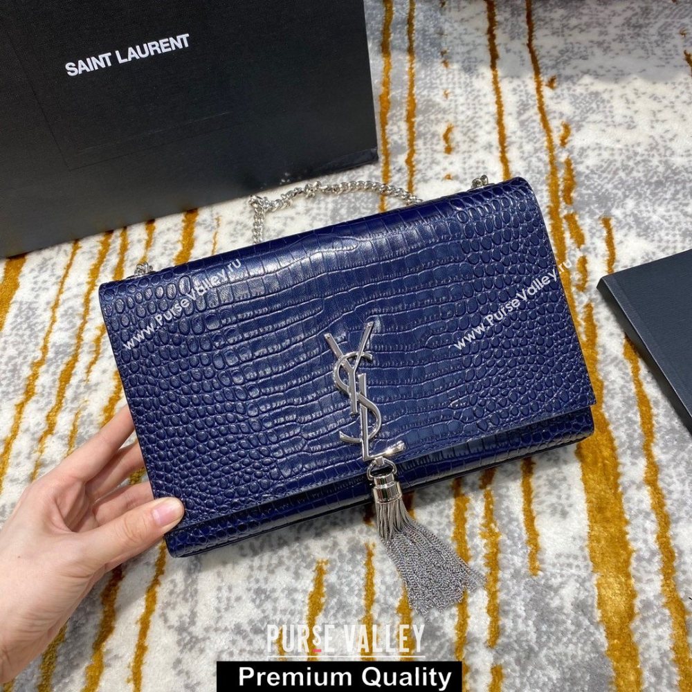 saint laurent Kate chain wallet with tassel in crocodile embossed leather 354119 blue/silver (jundu-4127)