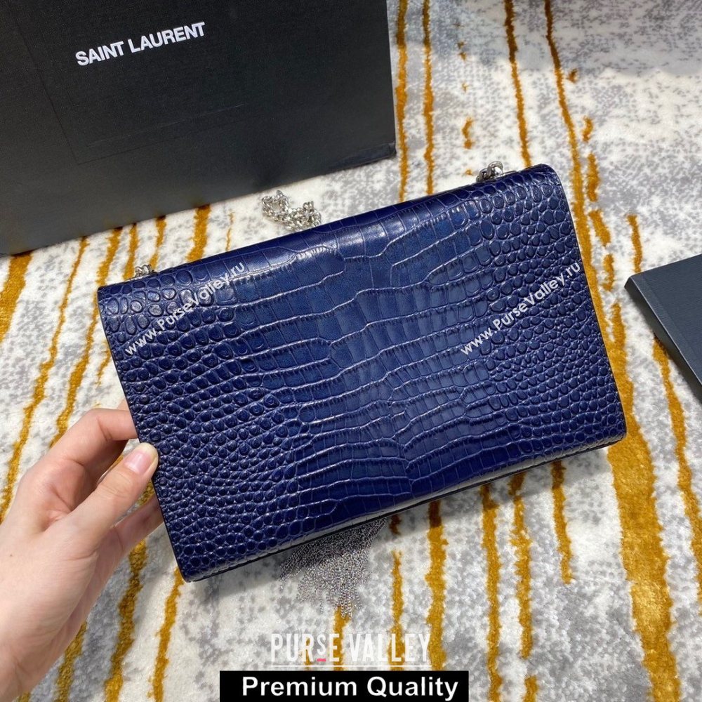 saint laurent Kate chain wallet with tassel in crocodile embossed leather 354119 blue/silver (jundu-4127)