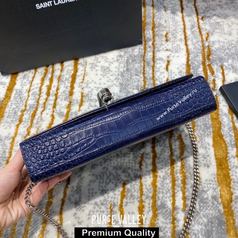 saint laurent Kate chain wallet with tassel in crocodile embossed leather 354119 blue/silver (jundu-4127)