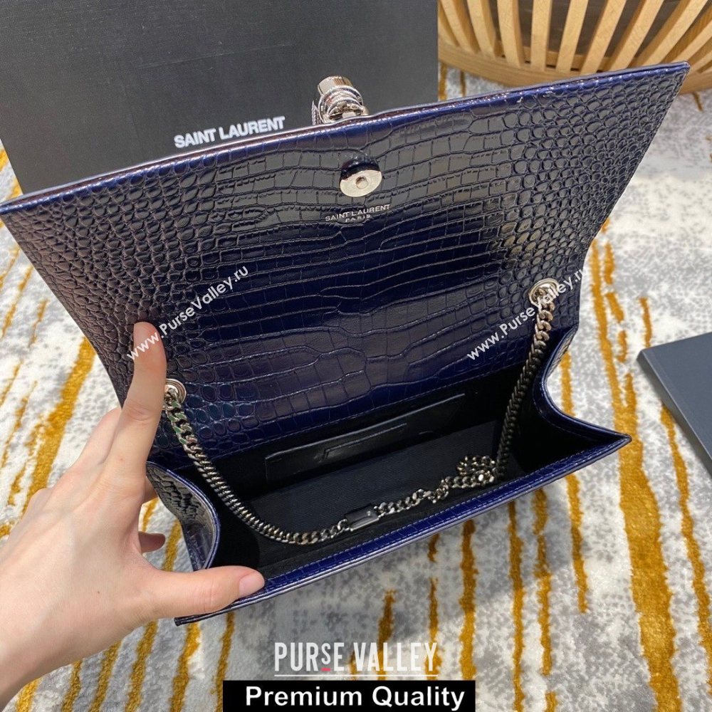 saint laurent Kate chain wallet with tassel in crocodile embossed leather 354119 blue/silver (jundu-4127)