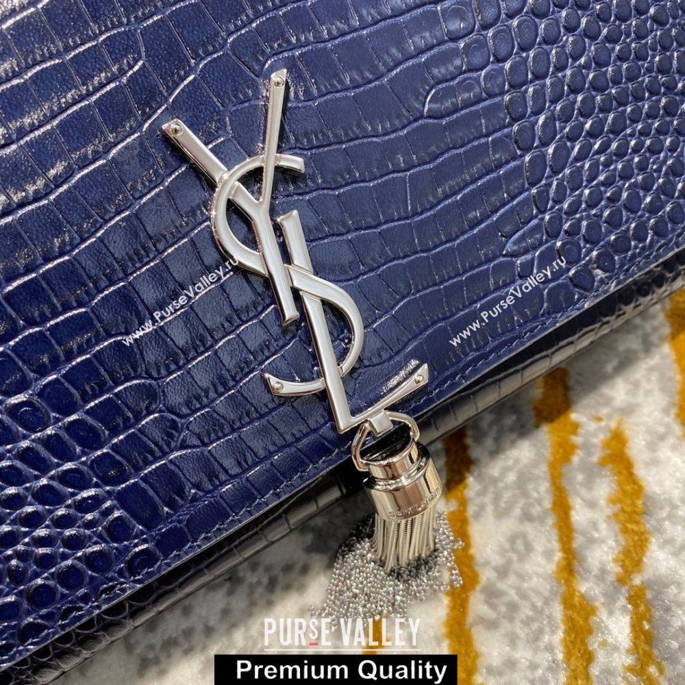 saint laurent Kate chain wallet with tassel in crocodile embossed leather 354119 blue/silver (jundu-4127)