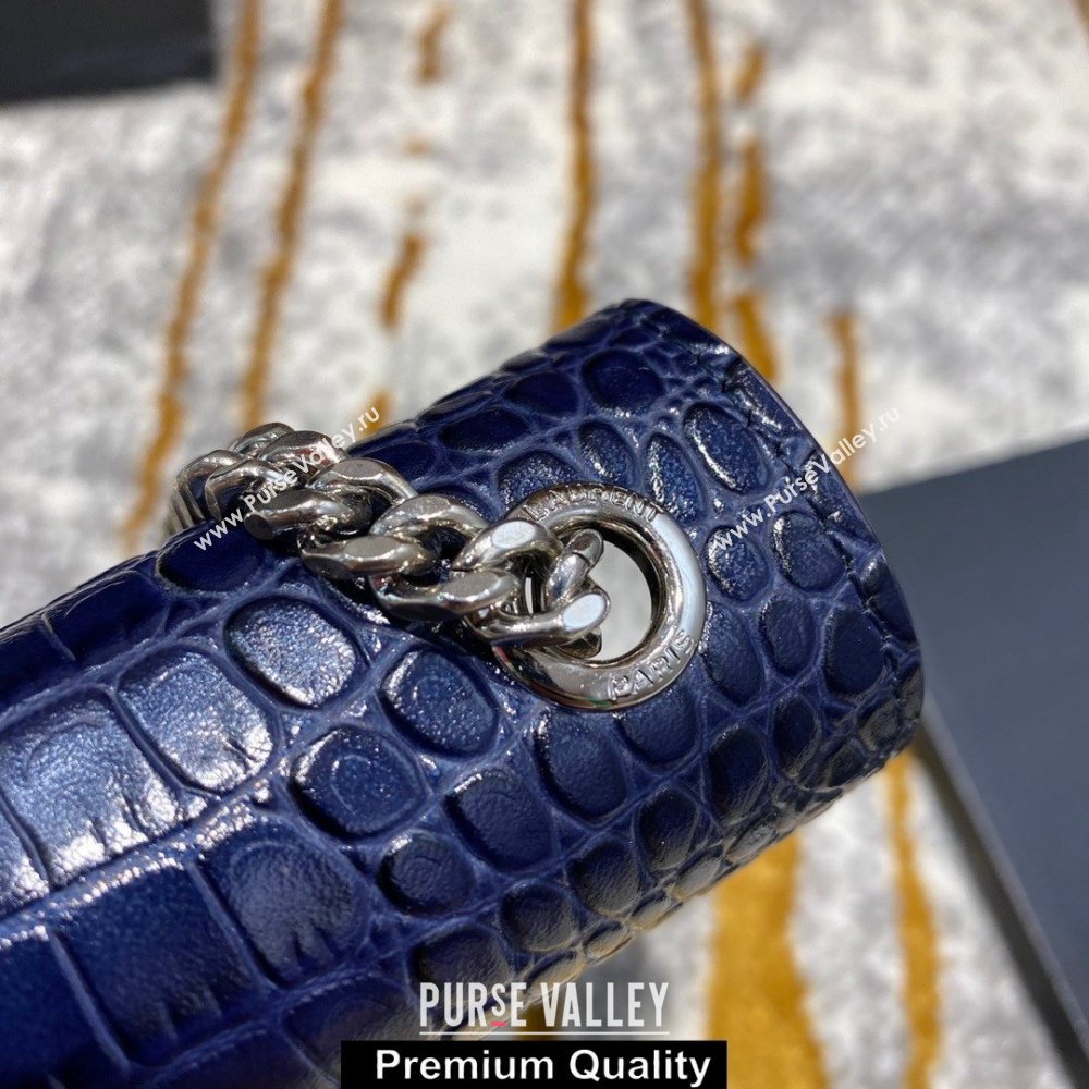 saint laurent Kate chain wallet with tassel in crocodile embossed leather 354119 blue/silver (jundu-4127)