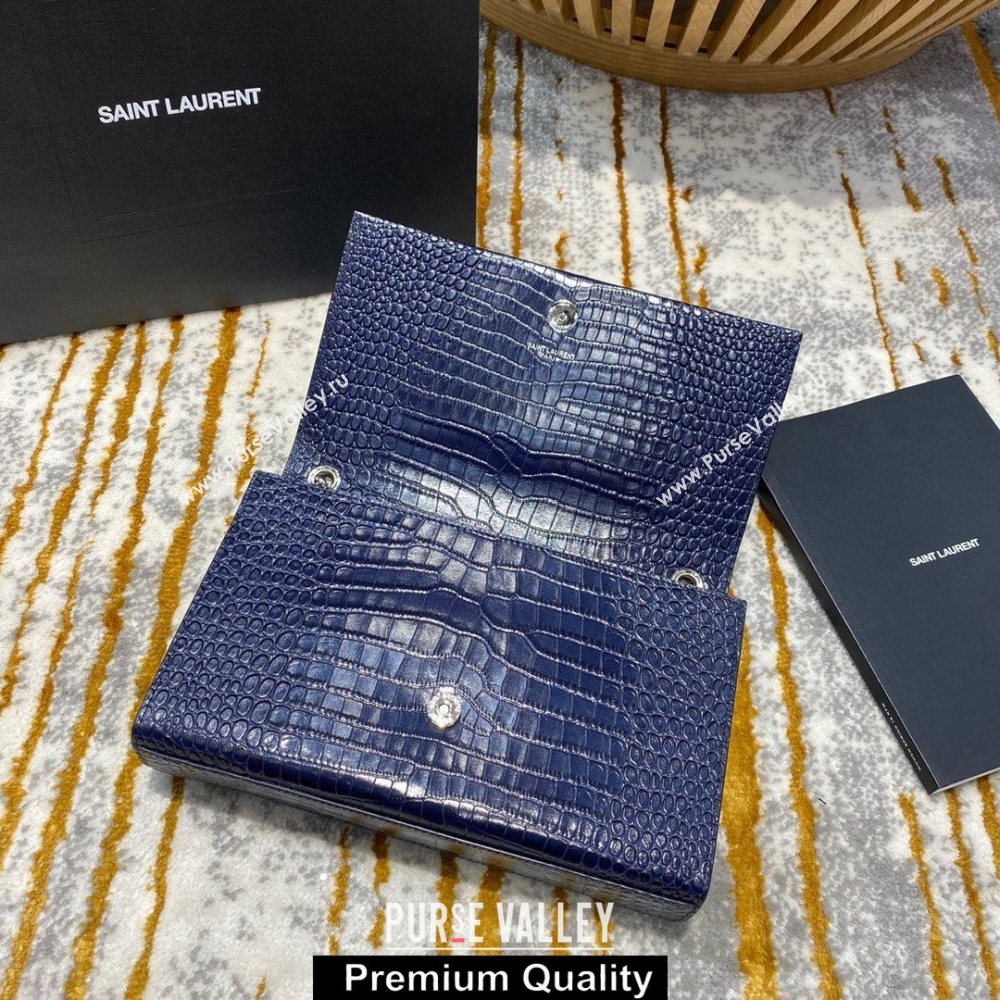 saint laurent Kate chain wallet with tassel in crocodile embossed leather 354119 blue/silver (jundu-4127)