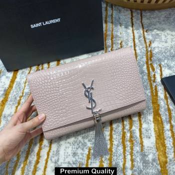 saint laurent Kate chain wallet with tassel in crocodile embossed leather 354119 pink/silver (jundu-4391)