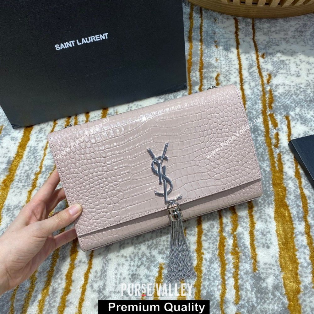 saint laurent Kate chain wallet with tassel in crocodile embossed leather 354119 pink/silver (jundu-4391)