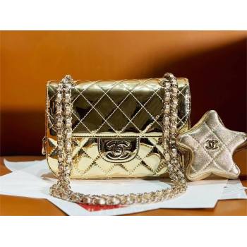 chanel Metallic Mirror Calfskin Metallic Lambskin Gold-Tone Metal Mini Flap Bag Star Coin Purse AS4646 light gold 2024 (JIYUAN-2
