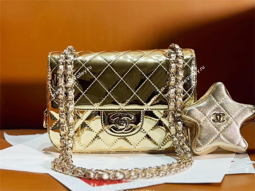 chanel Metallic Mirror Calfskin Metallic Lambskin Gold-Tone Metal Mini Flap Bag Star Coin Purse AS4646 light gold 2024 (JIYUAN-2
