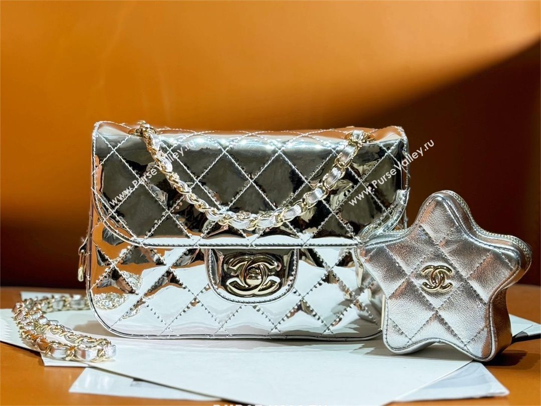 chanel Metallic Mirror Calfskin Metallic Lambskin Gold-Tone Metal Mini Flap Bag Star Coin Purse AS4646 silver 2024 (JIYUAN-23122