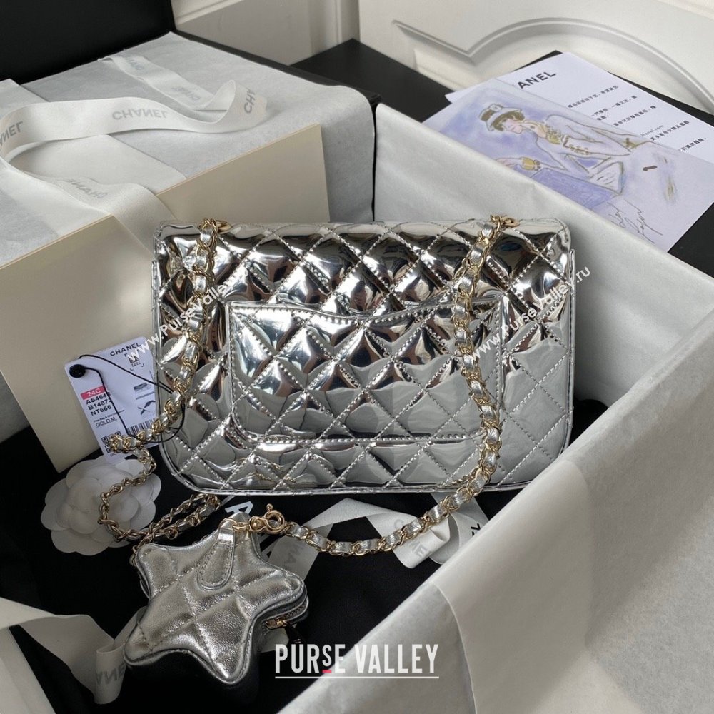 chanel Metallic Mirror Calfskin, Metallic Lambskin Gold-Tone Metal Silver Flap Bag Star Coin Purse AS4649 2024 (jiyuan-231128-06