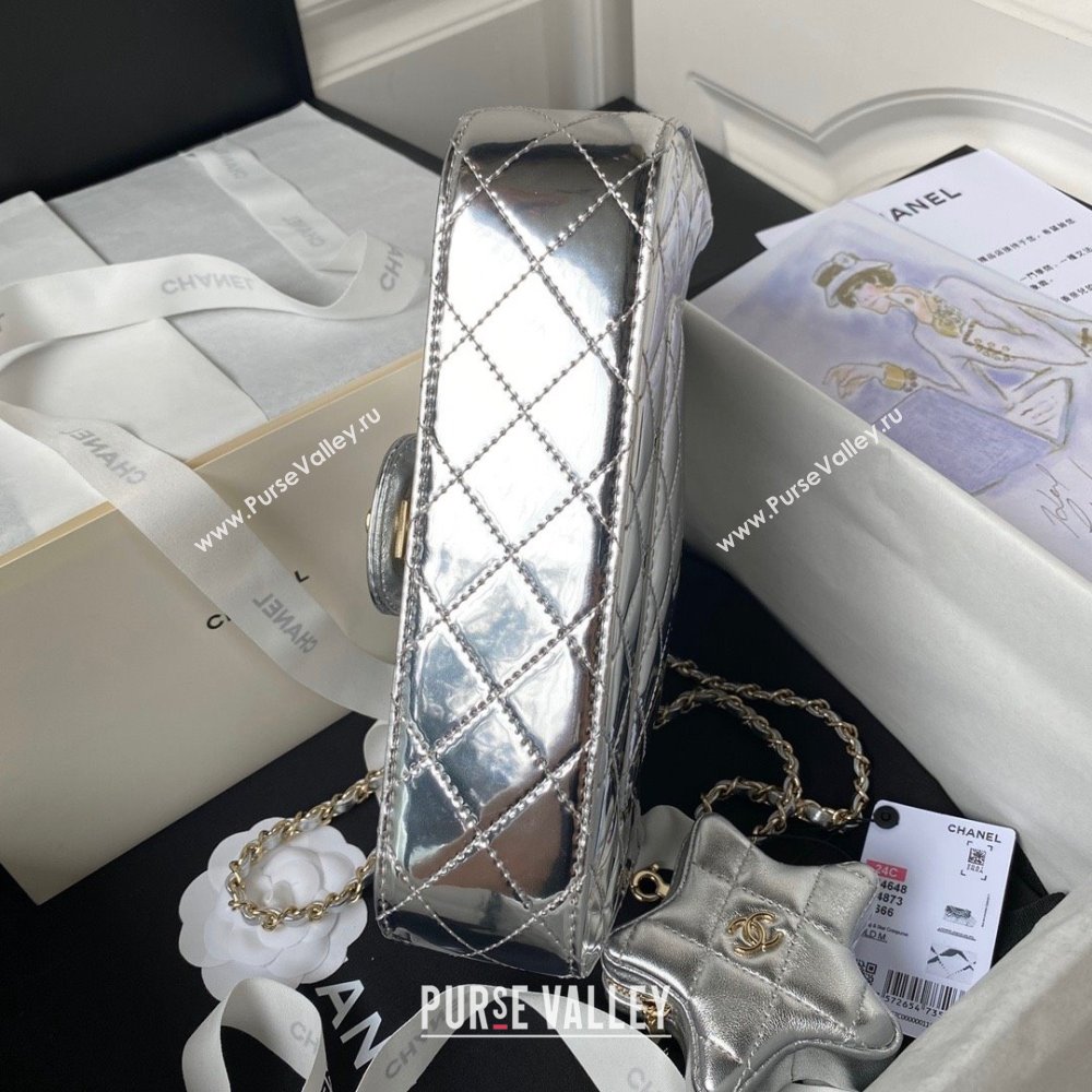 chanel Metallic Mirror Calfskin, Metallic Lambskin Gold-Tone Metal Silver Flap Bag Star Coin Purse AS4649 2024 (jiyuan-231128-06