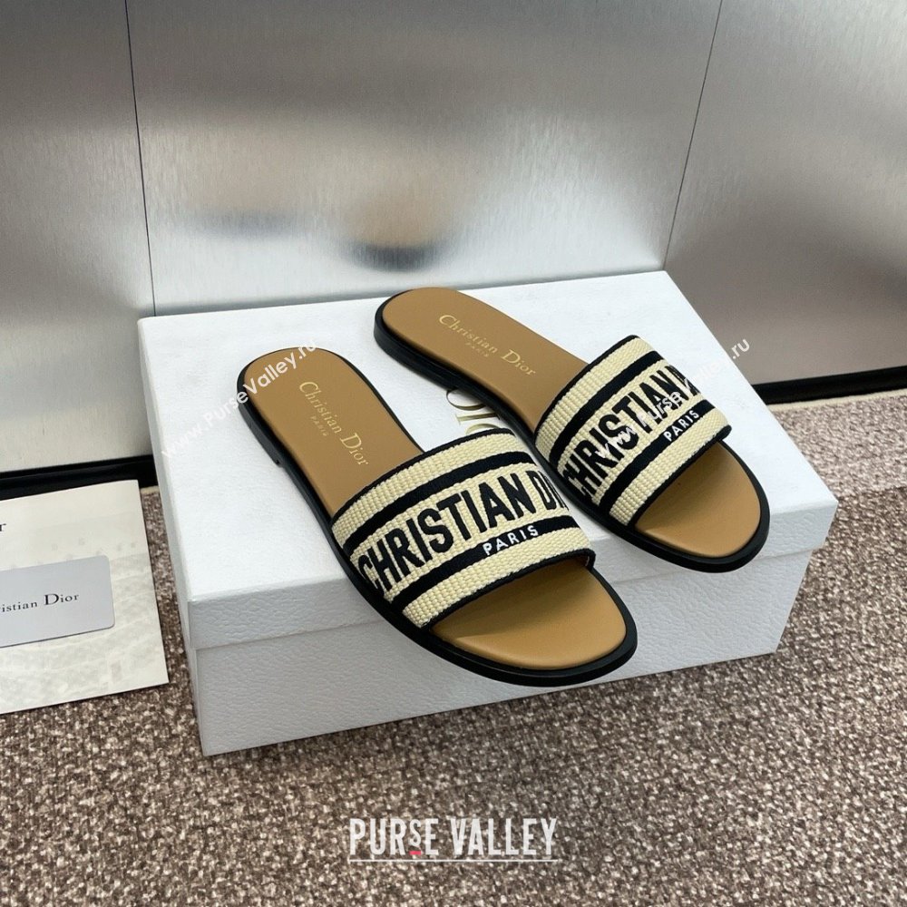 Dior Natural Raffia and Black Embroidered Cotton Dway Slide 2024 (modeng-240424-02)