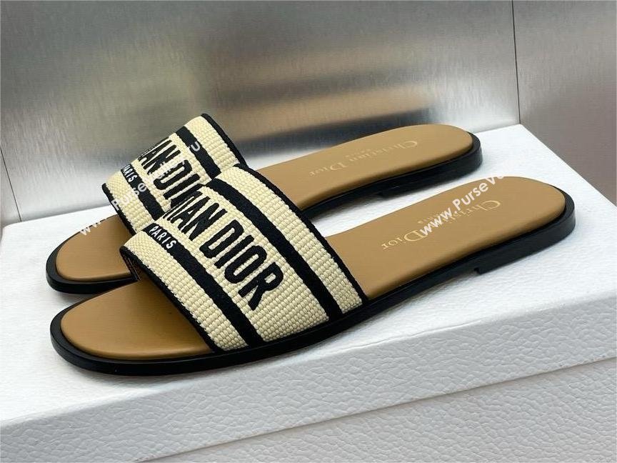 Dior Natural Raffia and Black Embroidered Cotton Dway Slide 2024 (modeng-240424-02)