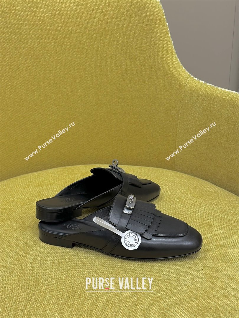 Hermes Women Rivoli Mule Mule in Calfskin with Fringe Detail black 2023 (ssxy-231222-05)